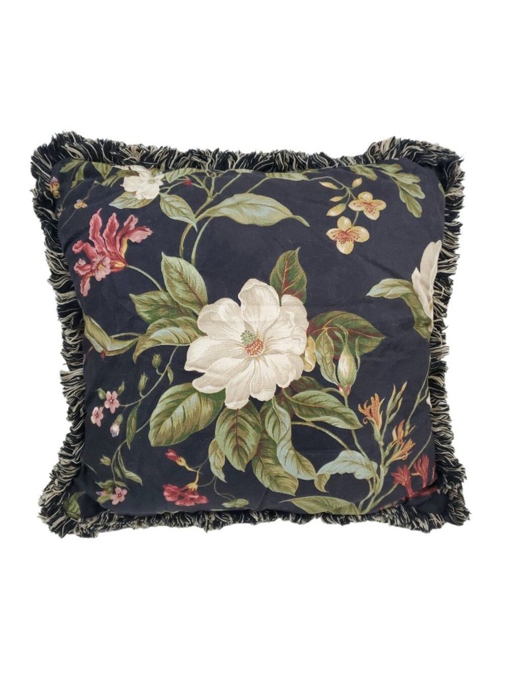 Waverly Floral Throw Pillow Fringe Floral Botanical18"x18" Black Green